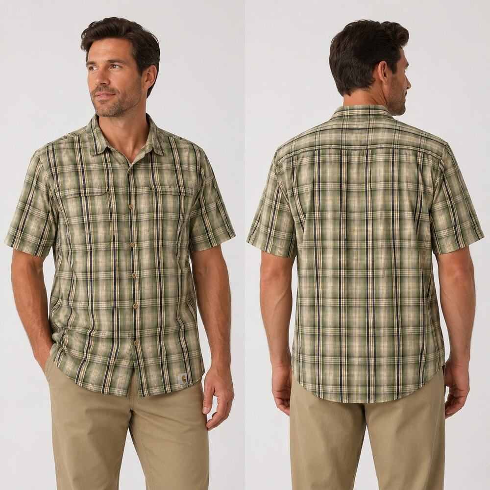 Carhartt Force Relaxed Fit Green Plaid Vented Shirt Men’s Large Short Sleeve